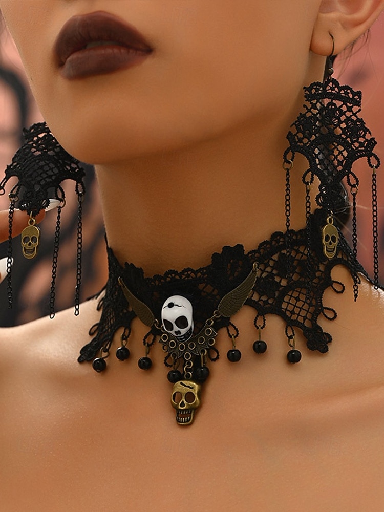 Conjunto de collar y pendientes de araña y calavera de Halloween para mujer: diseño de red de encaje negro con gema roja, perfecto para fiestas y disfraces de Halloween. 2025 - $14.99 –P4