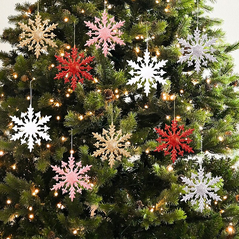 6 stk. julesnøfnuggpynt, fargerike 3D-glitter-snøfnuggoppheng med gull-, rosa- og metalliske detaljer til juletre og høytidsdekorasjoner 2025 - $7.49 –P8