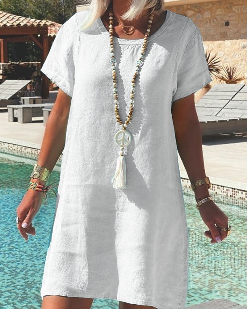 Mujer Mini vestido Vestido informal Vestido de cambio Clásico Moderno Exterior Vacaciones Festivos Ajuste regular Plano Manga Corta Cuello Barco Blanco Amarillo Rosa Morado Otoño 2026 - $21.99 –P2