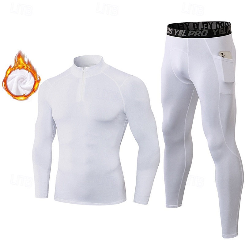 2025年 男性用 ワークアウトスーツ ベースレイヤー上部と下部 2ピーススポーツセット フリース裏地付き ソリッド スーツウェア 秋冬 ブラック ホワイト スパンデックス ジム バスケットボール アスレチック ハイウエスト 速乾性 ウォーム 高通気性 長袖 スポーツ アクティブウェア マイクロエラスティック タイトフィット  コレクション – $41.99 –P6