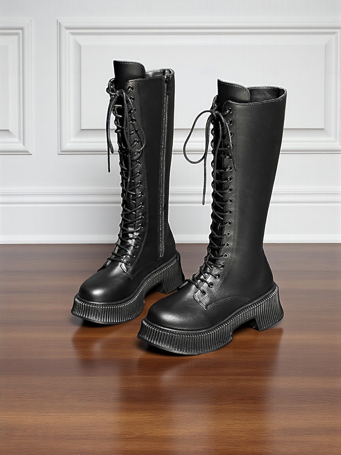 Botas femininas de couro sintético, cano alto, com cadarço, zíper lateral e sola plataforma grossa, calçado casual urbano de 2025 por $34.99 –P3