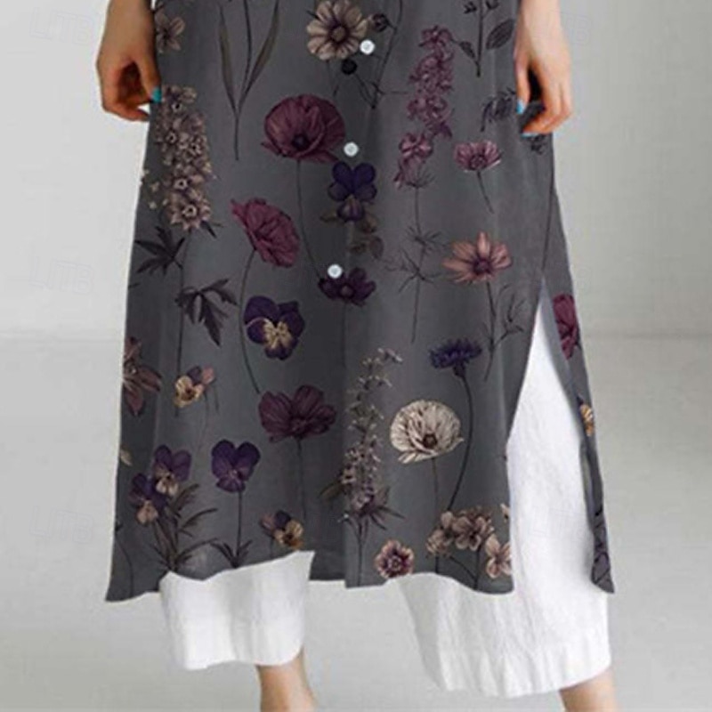 Damen Langes Kleid Maxikleid Hemdblusenkleid Freizeitkleid Druckkleid Mode Modern Täglich Wochenende Normale Passform Blume Langarm Hemdkragen Dunkelgray Frühling Herbst 2025 - $25.99 –P3