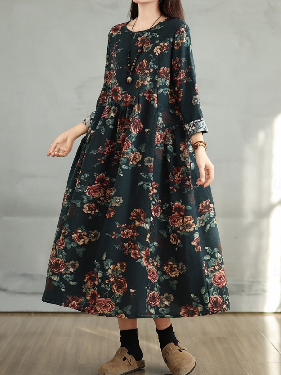 Femmes Robe maxi Robe trapèze Occasionnel Quotidien Coupe régulière Fleuri manche longue Col ras du cou Bleu marine Rouge Vert foncé Marron Été Automne de 2025 ? $36.99 –P7