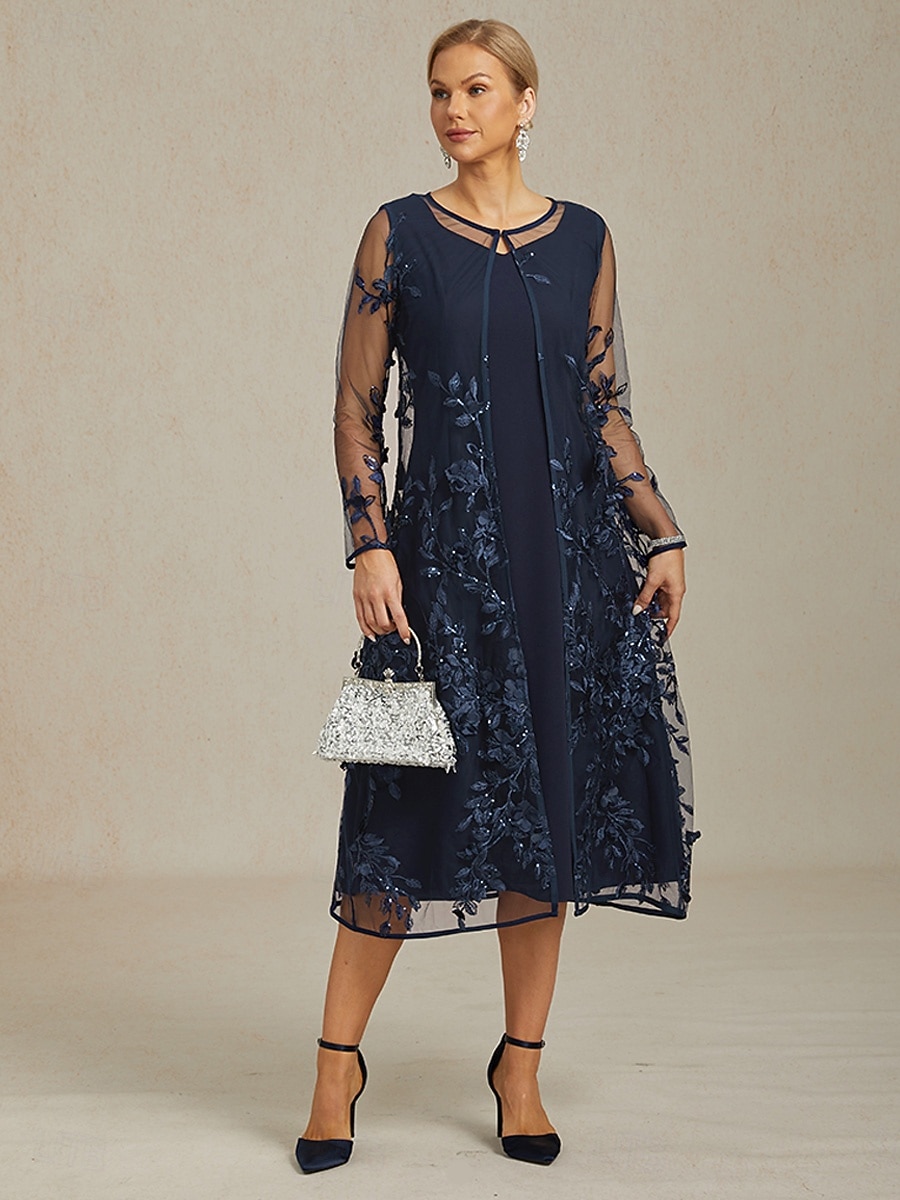 damjacka kavaj spets broderad paljett elegant blommig formell årsdag bröllopsgäst cocktailparty öppen framsida lång rund hals normal passform långärmad ytterkläder marinblå 2025 - $89.99 –P2