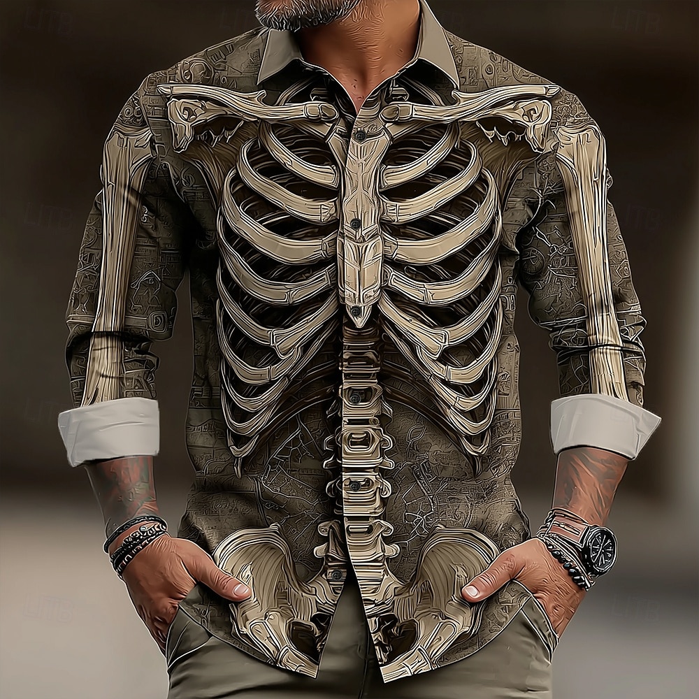 Halloween Voor heren 3D Print Skelet Overhemd Overhemd met knopen Lange mouw Donkere punkgotiek Buiten Feestdagen Zomer Lente Strijkijzer 3D-afdrukken shirts met kraag Goud Bruin Groen Grijs 2025 - $25.99 –P1