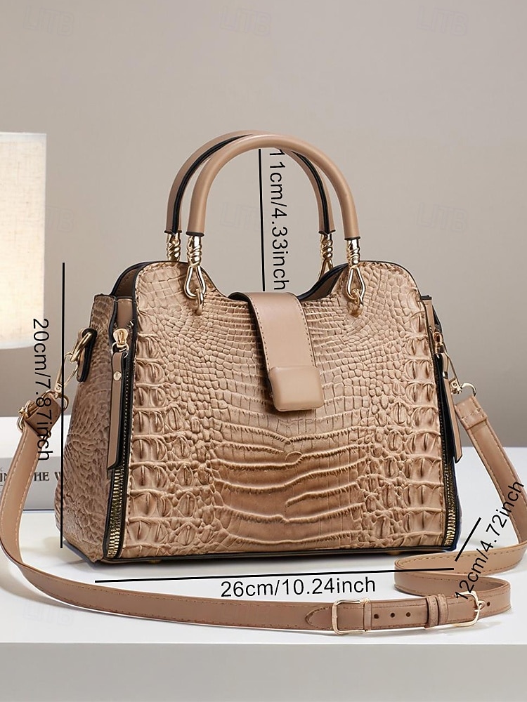 Women's Croc-Embossed Top-Handle Satchel – Structured Medium Tote Handbag with Detachable Crossbody Strap, Zip Accents & Gold Hardware for Work, Office, Travel & Everyday 2026 - $32.99 –P7