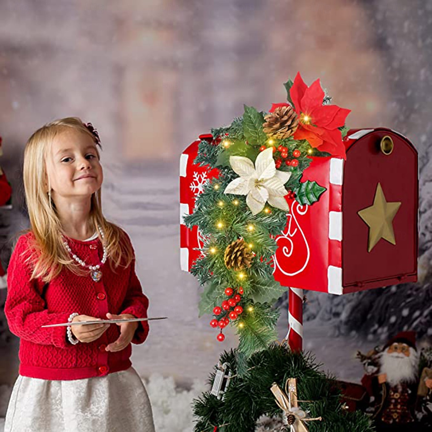 זר תיבת דואר לחג המולד עם תאורת LED, פוינסטיה אדומה מלאכותית לגינה חיצונית, ענפים מיובשים וקישוט תלוי של זר אצטרובל 2025 - $25.99 –P2