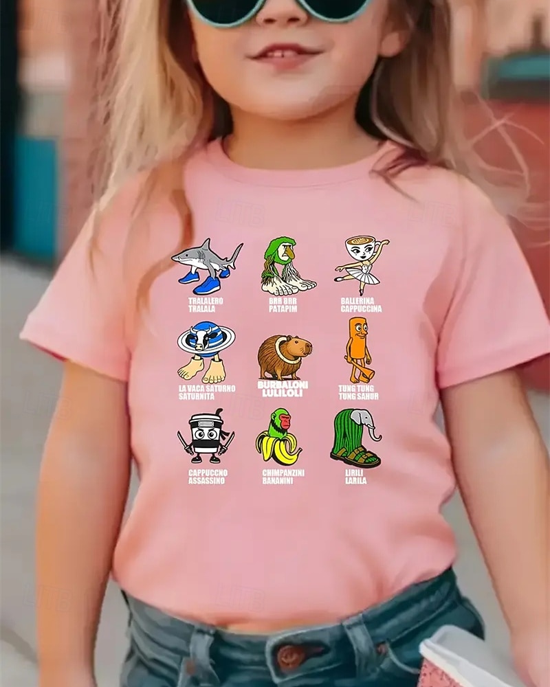 Camiseta engraçada com estampa de Brainrot italiana para meninas - camiseta leve e elástica com tecido elástico leve para crianças de 4 a 12 anos, casual para o dia a dia &roupa de festa de de 2025 por $11.99 –P8
