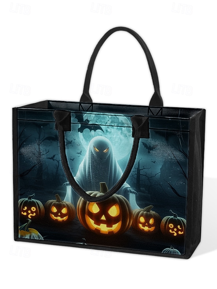 damska torba na Halloween z motywem dyni i nawiedzonego domu — duża, wielokrotnego użytku torba na zakupy z kieszenią na zamek i wytrzymałymi uchwytami, w stylu gotyckim, idealna na „cukierek albo psikus”, imprezy kostiumowe i do codziennego użytku 2025 - $19.99 –P5