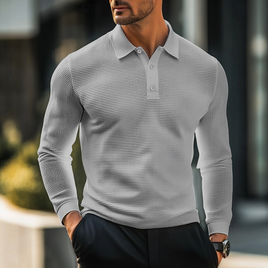 Herren Waffel-Poloshirts Golfshirt Straße Lässig Revers Langarm Basic Modern Einfach Texture Knöpfe Frühling Herbst Ganzjahres Normale Passform Weiß Schwarz Gelb Hellblau Burgunderrot Grau 2025 - $18.99 –P5