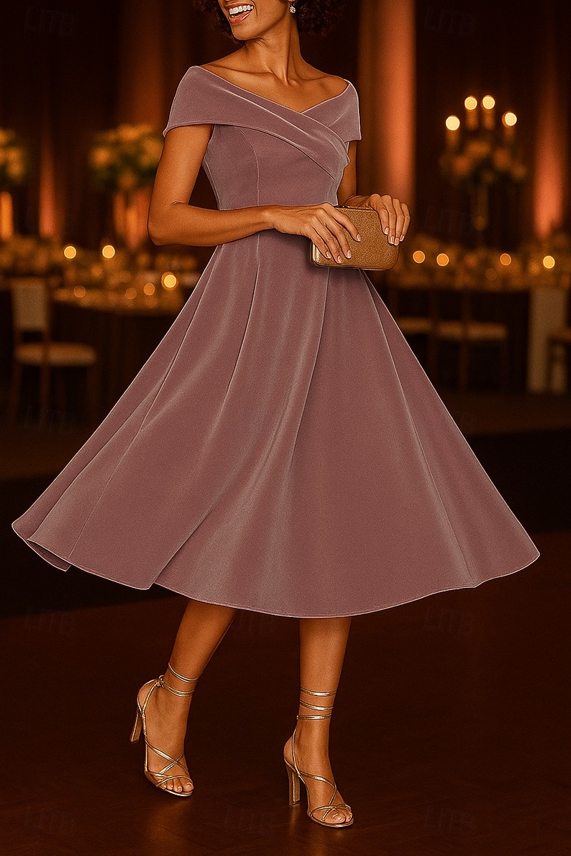 Vestidos de coquetel pretos em linha A, veludo elástico, elegante, vestido formal para casamento, comprimento chá, comprimento midi, ombro de fora com franzido 2025 de 2025 por $131.99 –P4