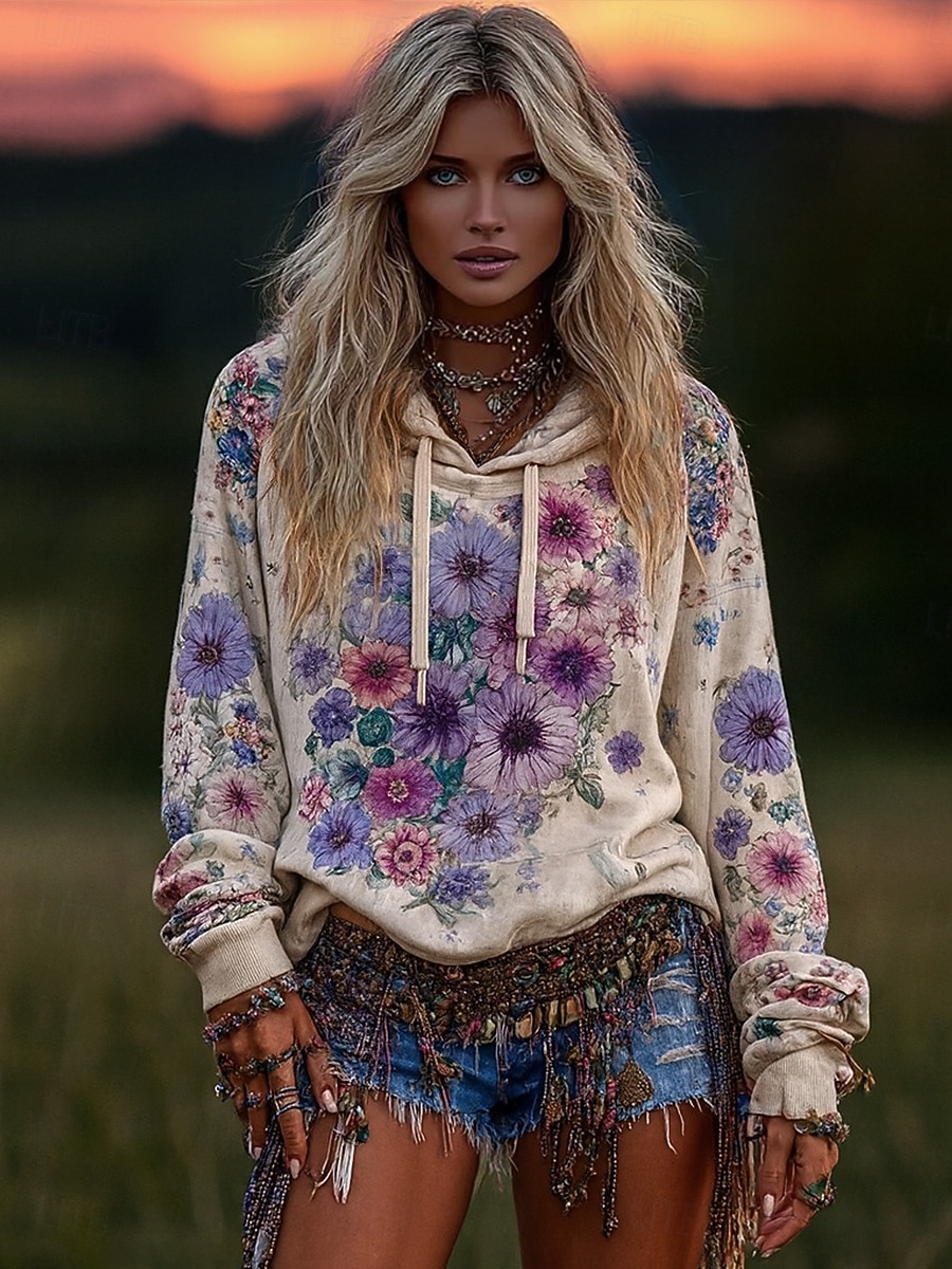 Womenska 3D Print Vintage Boho Hoodie Patchwork Hoodie Bluza Kwiatowa Pulower Bluza Elegancka Ciepła Aktywna Kaptur Ulica Codzienny Wyjazd Patchwork Jasnozielony Jasnofioletowy Beżowy Wiosna Jesień 2025 - $26.99 –P1