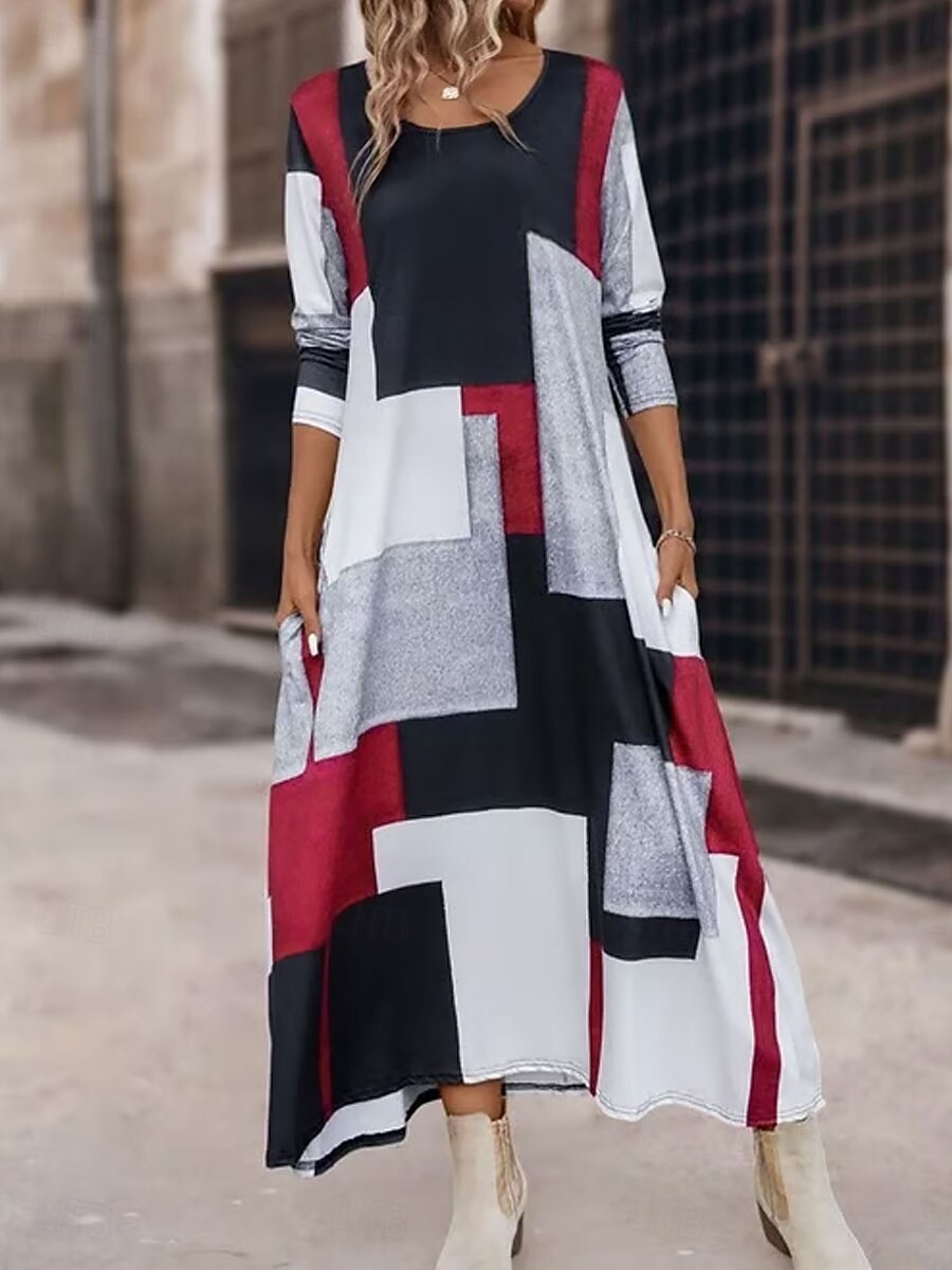 Damen Maxikleid A Linie Kleid Sommerkleid Urlaub Lässig Normale Passform Grafik Geometrisch Abstrakt Langarm Rundhalsausschnitt Rote Frühling Herbst Winter 2025 - $36.99 –P2