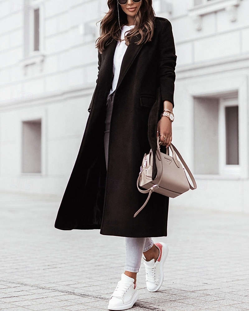Femmes Manteau Trench Chaud Confortable Avec Poches Mode Moderne Occasionnel Uni Sortir Week-end Simple Boutonnage Long Col Rabattu Coupe régulière manche longue Vêtements d'extérieur Noir Blanche de 2025 ? $33.99 –P4