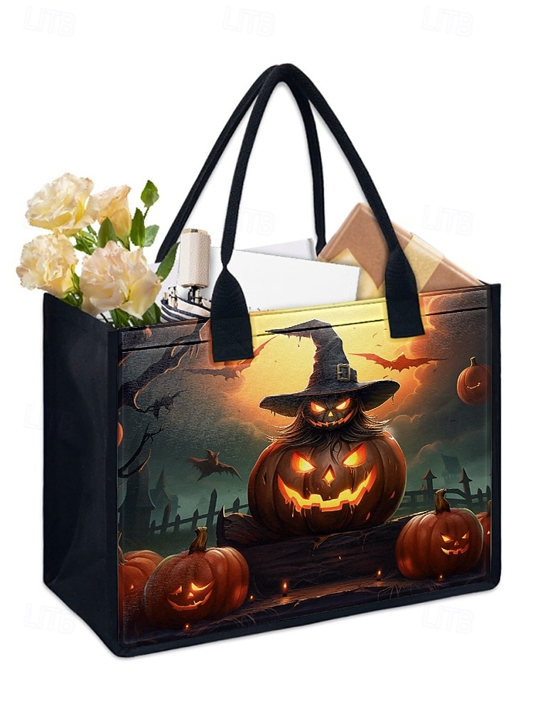 damska torba na Halloween z motywem dyni i nawiedzonego domu — duża, wielokrotnego użytku torba na zakupy z kieszenią na zamek i wytrzymałymi uchwytami, w stylu gotyckim, idealna na „cukierek albo psikus”, imprezy kostiumowe i do codziennego użytku 2025 - $19.99 –P4