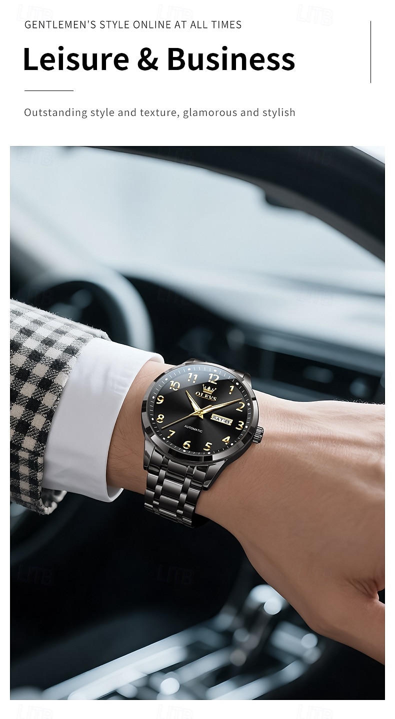 OLEVS Men Mechanical Watch Minimalist Fashion Business Wristwatch Automatic Self-winding Luminous Calendar Date Week Steel Watch 2026 - $98.99 –P9