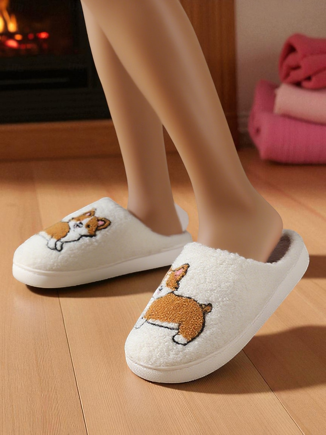 Pantufas femininas de lã sintética branca com estampa fofa de corgi – chinelos confortáveis de inverno para casa, quarto e sala de estar de 2025 por $18.99 –P3