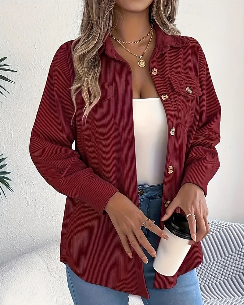 Damen Hemd Textur Bluse Bluse Einfach Modern Lässig Langarm Hemdkragen Normale Oberteile Täglich Ausgehen Tasche Knöpfe Schwarz Wein Khaki Herbst 2025 - $23.99 –P3