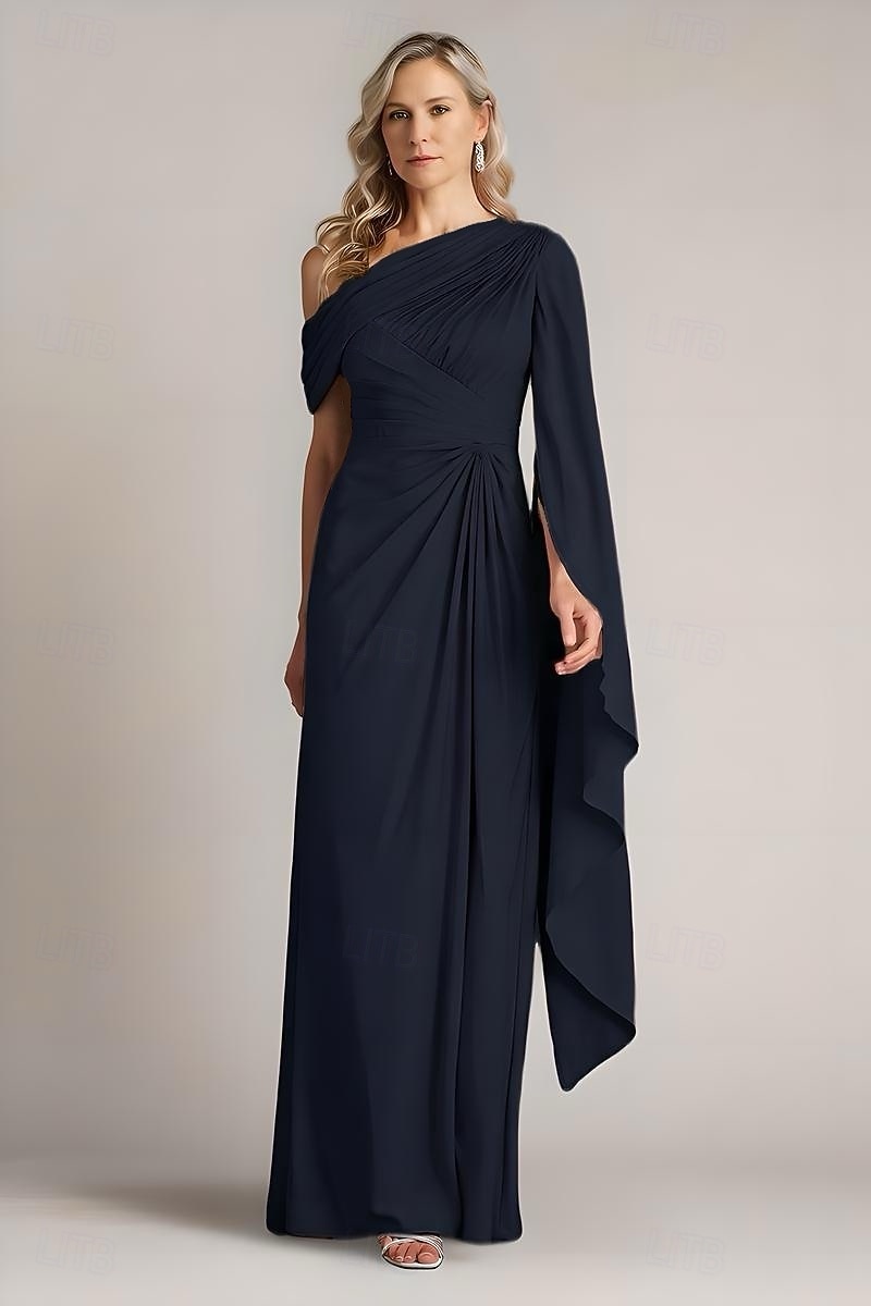 Vestido de noite elegante com bainha/coluna, sobreposição de capa, comprimento até o chão, sem mangas, um ombro só, cetim com pregas e babados, 2025 de 2025 por $155.99 –P4
