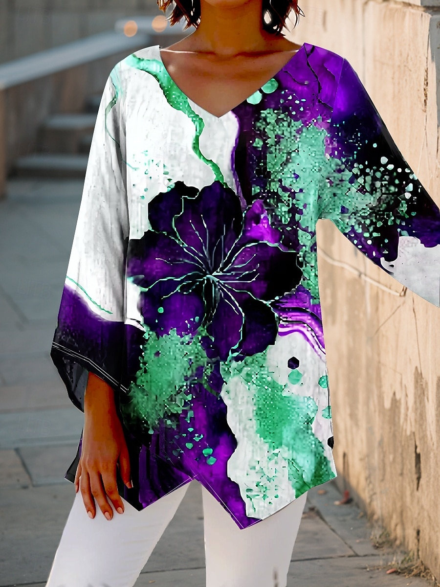 Femmes Chemisier Fleuri Graphique ancien Élégant Occasionnel Manche 3/4 Col en V Hauts Réguliers Quotidien Fête Imprimé Rouge Bleu Violet Vert Printemps Automne de 2025 ? $25.99 –P3