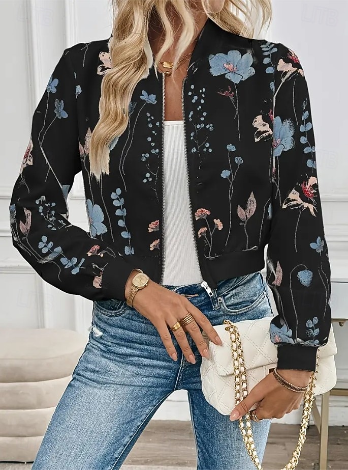Dámské Neformální bunda Zahřívací Rychleschnoucí Zip Kapsy Elegantní Módní Denní Jednoduchý Květinový Dovolená Ležérní Denní Běžné / Denní Krátké baseballový obojek Běžný Dlouhý rukáv Svrchní oděvy 2025 - $32.99 –P1