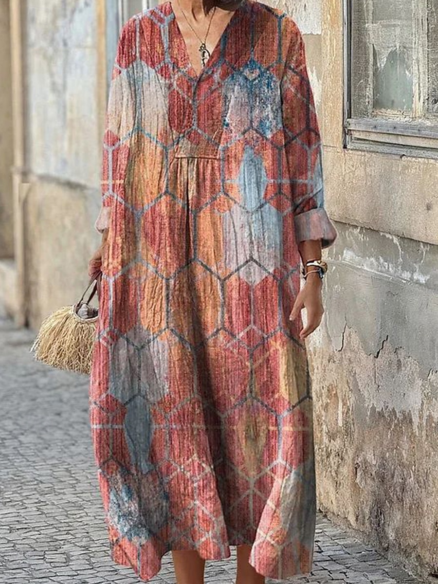 Dames Maxi-jurk Zonnejurk A lijn jurk Vakantie Casual Boho Feestdagen Ruim Passend Grafisch Geometrisch Lange mouw V-hals Donker Bruin blauw Paars Bruin Zomer Lente Herfst 2025 - $35.99 –P3