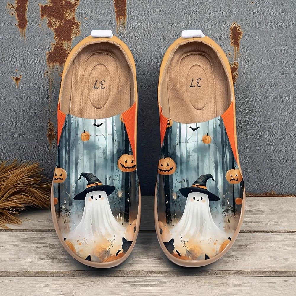Naisten leveäleveiset kankaiset slip-on-kengät söpöllä haamu- ja kurpitsakuviolla – rennot ja mukavat halloween-kengät juhliin ja arkeen 2025 - $54.99 –P1