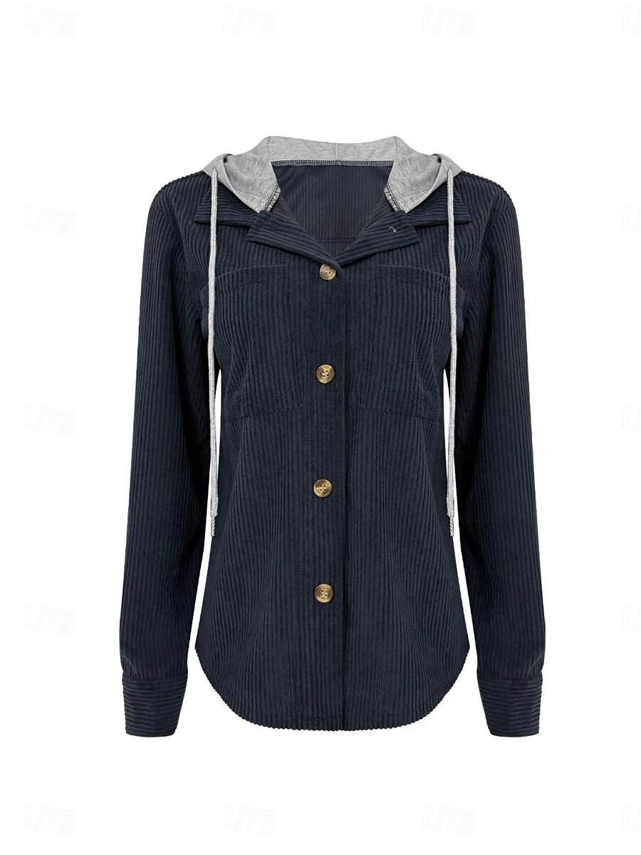 Mujer Chaqueta con capucha Cómodo Transpirable Botones Casual Plano Vacaciones Calle Casual Ropa Cotidiana Botonadura Simple Regular Con Capucha Ajuste regular Manga Larga Ropa de calle Azul marinero 2025 - $36.99 –P5