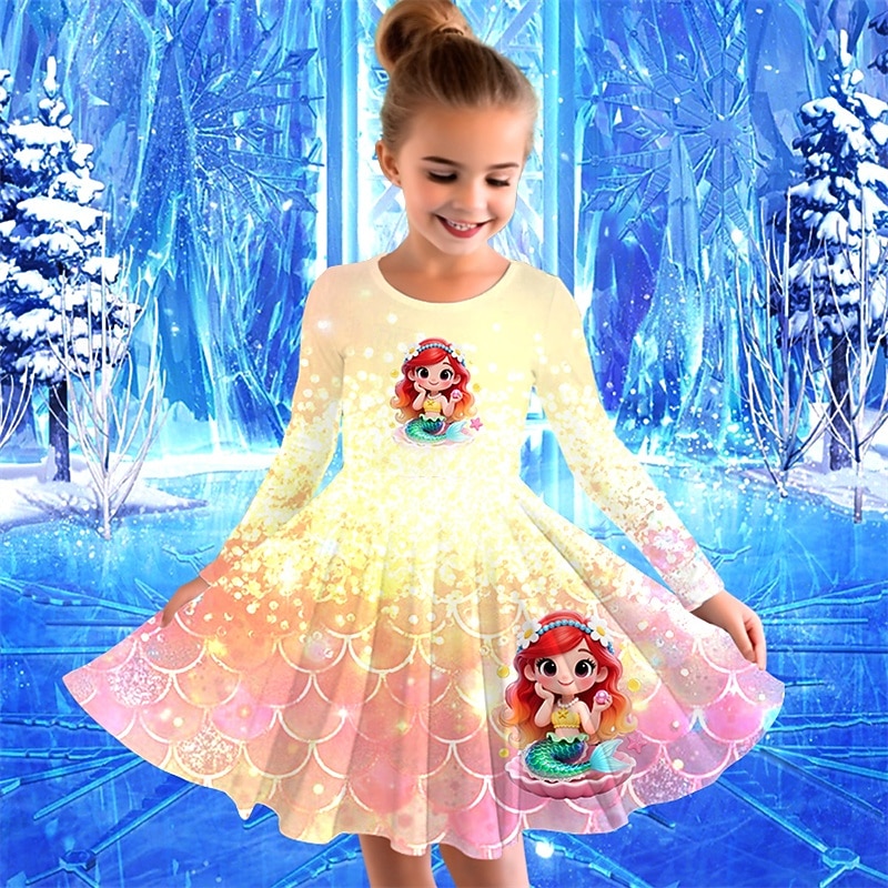 Flickor 3D Sjöjungfru Klänning Långärmad Sommar Vår Semester Dagligen Helgdag Prinsessa Skön Ljuv Barn 4-12 år Vardagsklänning A linjeklänning Knälång Normal 2025 - $16.99 –P2