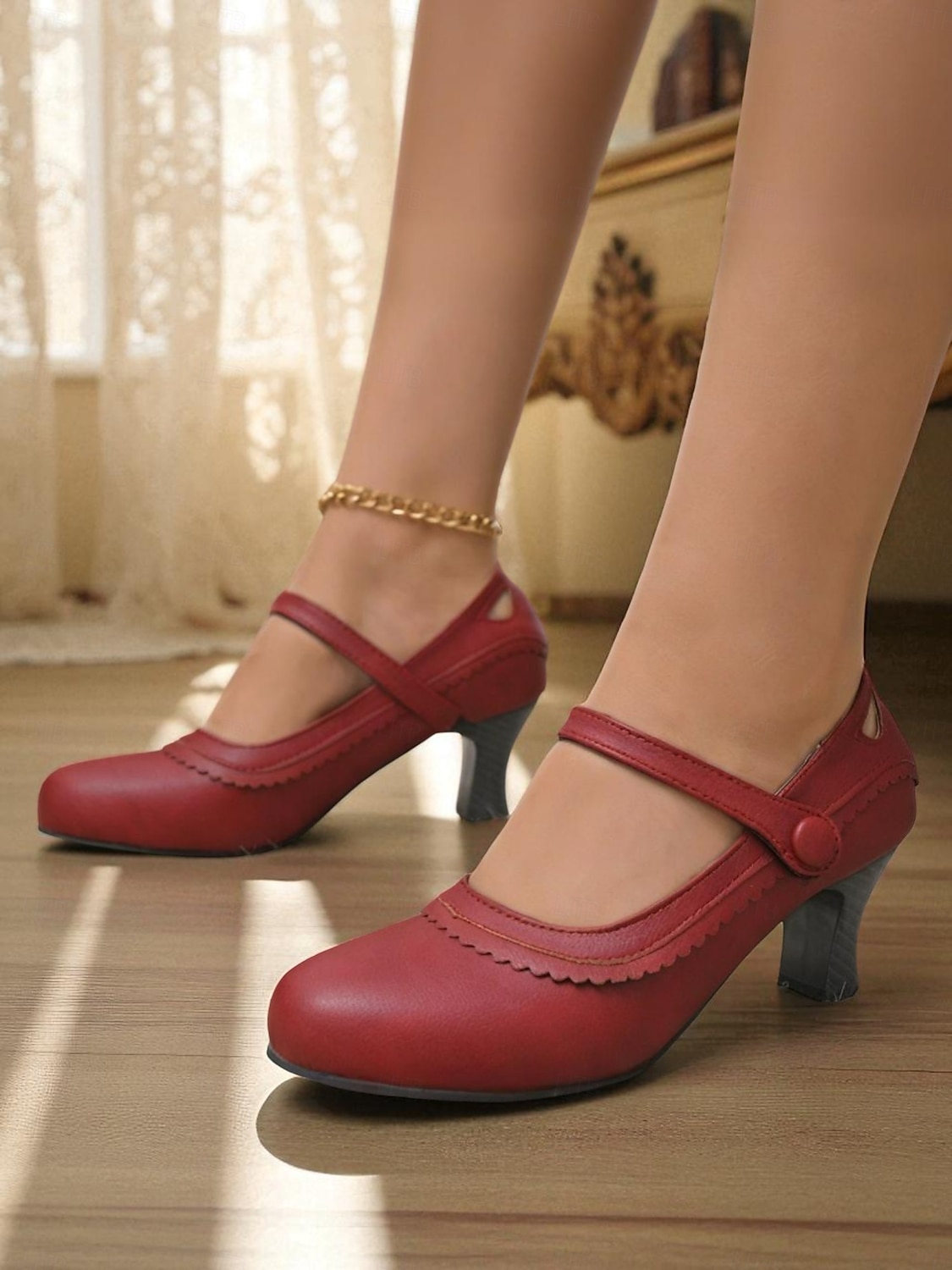 Women's Vintage Green Mary Jane Heels - 1950s-Style Round Toe Shoes with Scallop Details for Fall Work Looks,Daily Outfits and Vintage-Inspired Gatherings 2025 - $34.99 –P3