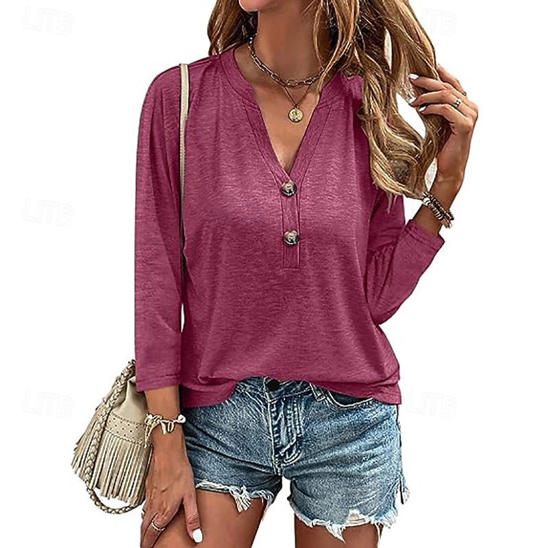 Per donna Blusa Tinta unica Vintage Quotidiano Casual Manica 3/4 Scollo a V Top Regolari Lavoro Quotidiano Uniformi da club Bottoni Rosso violaceo Nero Rosa Blu Estate Primavera Autunno Inverno del 2025 a $21.99 –P3