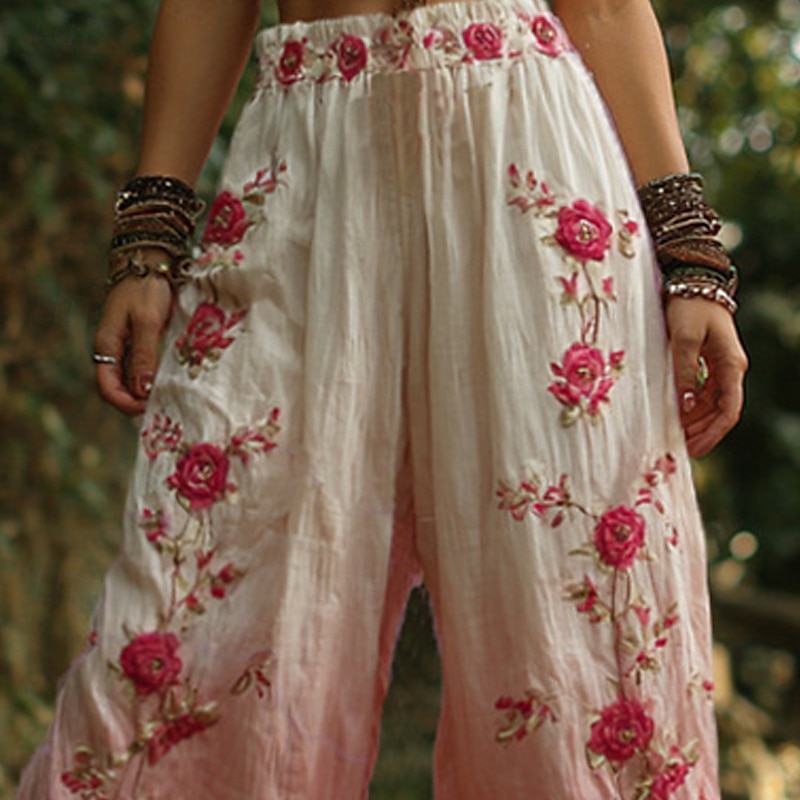 Femmes Jambe large Pantalons Pantalon palazzo ancien Boho Longueur complète Taille haute Fleur Taille Élastique Impression Respirabilité Confortable Rue Tenue quotidienne Sortir Rose dragée Printemps de 2025 ? $19.99 –P2