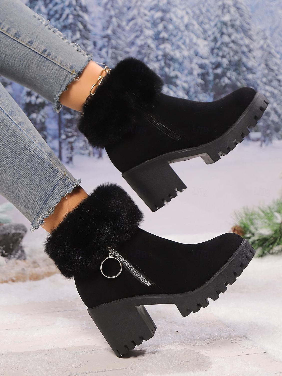 Bottines en daim gris pour femme, doublées de fourrure, chaudes, à talon épais et semelle crantée, avec fermeture éclair latérale pour l'hiver de 2025 ? $29.99 –P2
