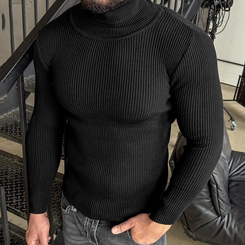 Herr Pullover tröja Stickad tröja Ribbad Sticka Vanliga toppar Stickat Slät Polokrage Mode Grundläggande Semester Dagliga kläder Kläder Höst Vinter Vin Svart M L XL 2025 - $28.99 –P5