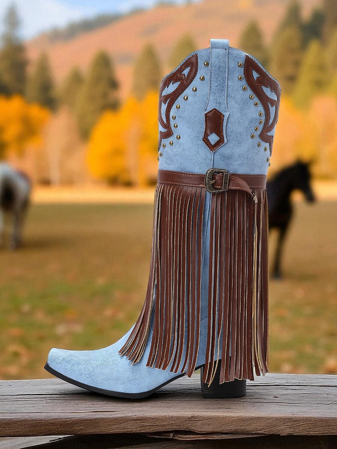 Blå og brune cowboystøvler med westernfrynser til dame – knehøye støvler med broderi i imitert skinn for rodeo-stil, countrykonserter og festivalantrekk 2026 - $94.99 –P6