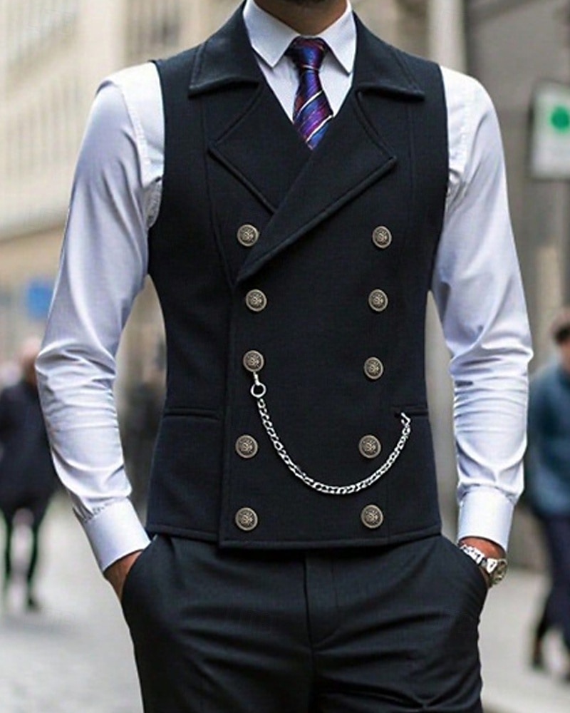 Ανδρικά Veste Γιλέκο Gilet Διακοπές Πάρτι Επιχείρηση Μοντέρνα Καθημερινό Άνοιξη Φθινόπωρο Κουμπιά Πολυεστέρας Άνετο Σκέτο Σταυρωτό Πέτο Κανονικό Μαύρο Βαθυγάλαζο Καφέ Γιλέκο 2025 - $32.99 –P2