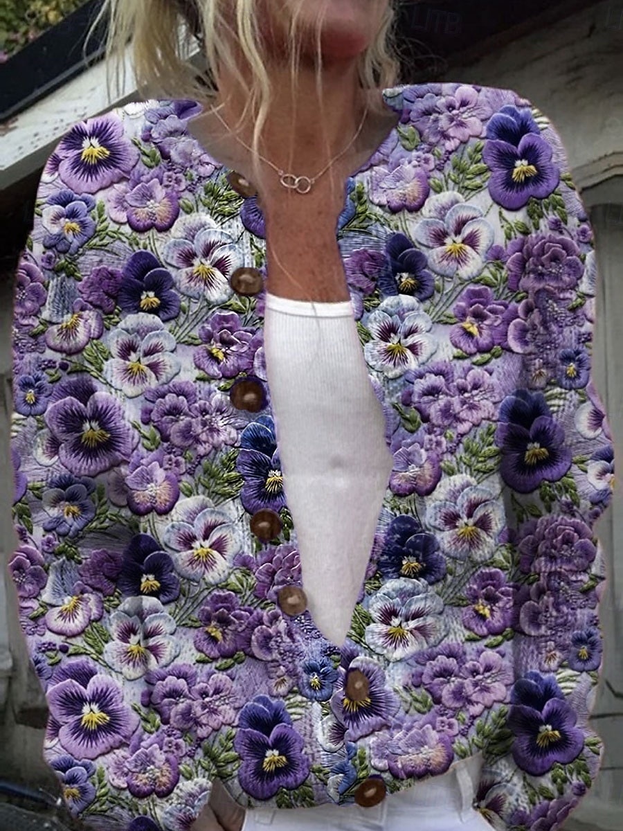 Dámské Svetr Kardigan Elegantní Vinobraní Módní Květinový Tričkový Kapsy Pletený Tisk Dlouhý rukáv Běžné topy Plést Venkovní Denní Víkend Fialová Trávová zelená Podzim Zima 2026 - $11.99 –P3