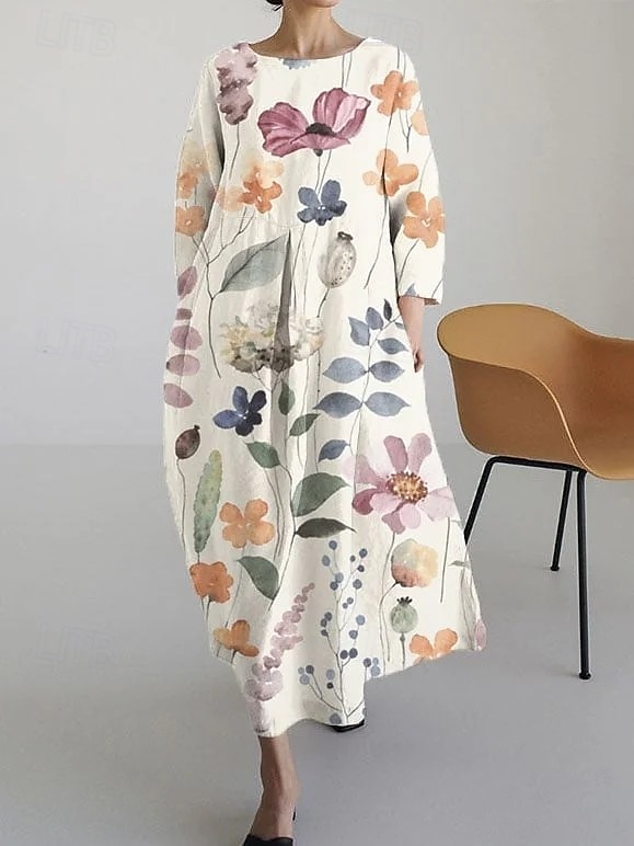 Dam Maxiklänning A linjeklänning Fit And Flare Klänning party Ledigt Boho Fest Bröllopsgäst Dagligen Lös passning Blommig Grafisk Långärmad Rund hals Vit Blå Grön Vår Höst Vinter 2025 - $38.99 –P1