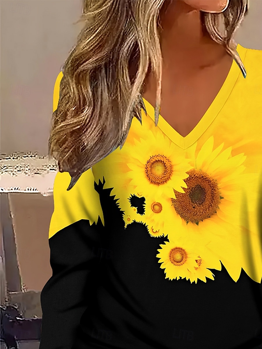 Kvinners T-skjorte Langermet Blomster Grafisk Planter Vintage Stilren Klassisk Langermet V-hals Vanlige Topper Daglig Trykk Gul Vår Høst Vinter Forhøst 2025 - $22.99 –P2