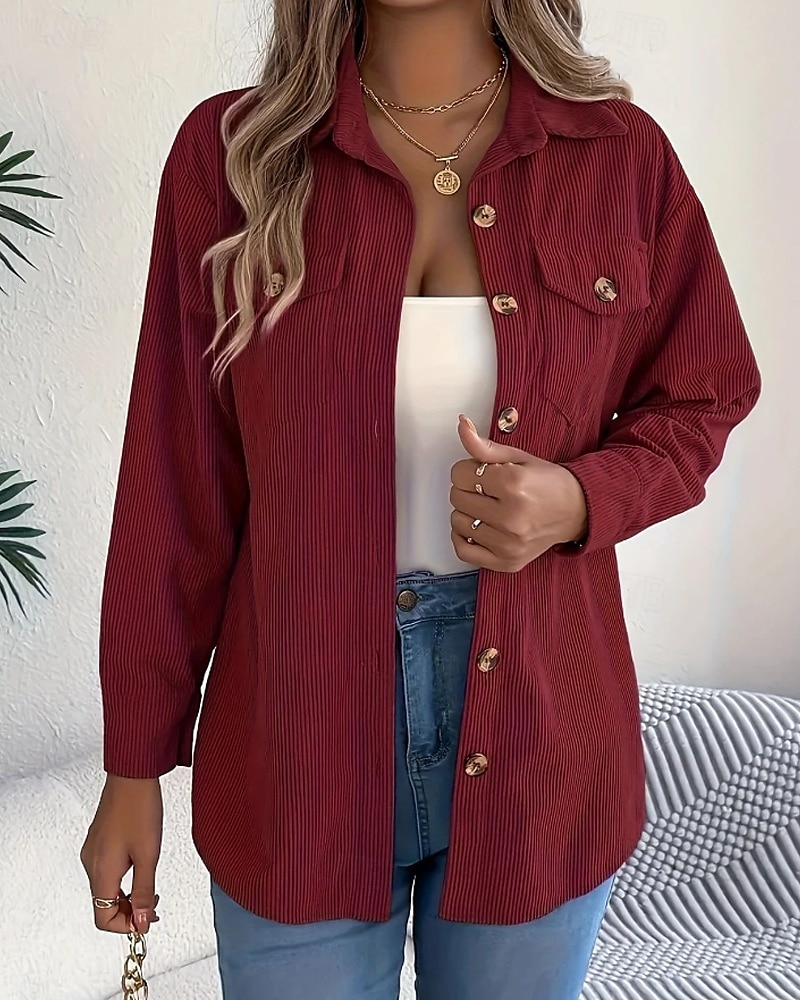 Per donna Camicia Blusa con texture Blusa Semplice Moderno Casual Manica Lunga Colletto a Camicia Top Regolari Quotidiano Uscire Tasca Bottoni Nero Vino Cachi Autunno del 2025 a $26.99 –P13