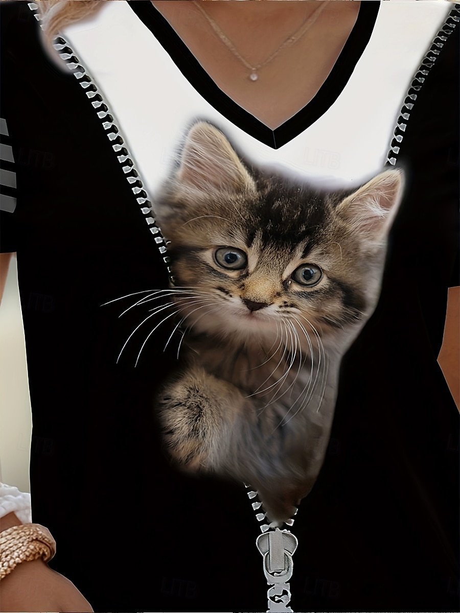 Femmes T-shirt Graphique Animal Chat ancien Élégant Classique Manche Courte Col en V Hauts Réguliers Quotidien Week-end Imprimé Noir Été Printemps Automne de 2025 ? $21.99 –P2