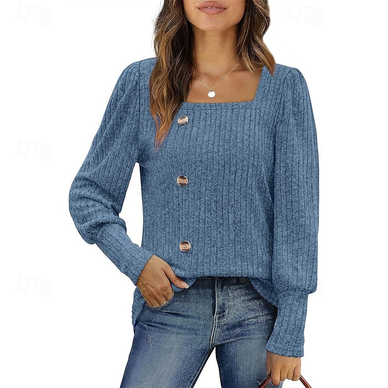 Femmes Chemisier texturé T-shirt Uni Mode Moderne manche longue Col carré Hauts Réguliers Quotidien Sortir Boutons Bordeaux Noir Rouge Marron clair Bleu Printemps Automne de 2025 ? $21.99 –P15