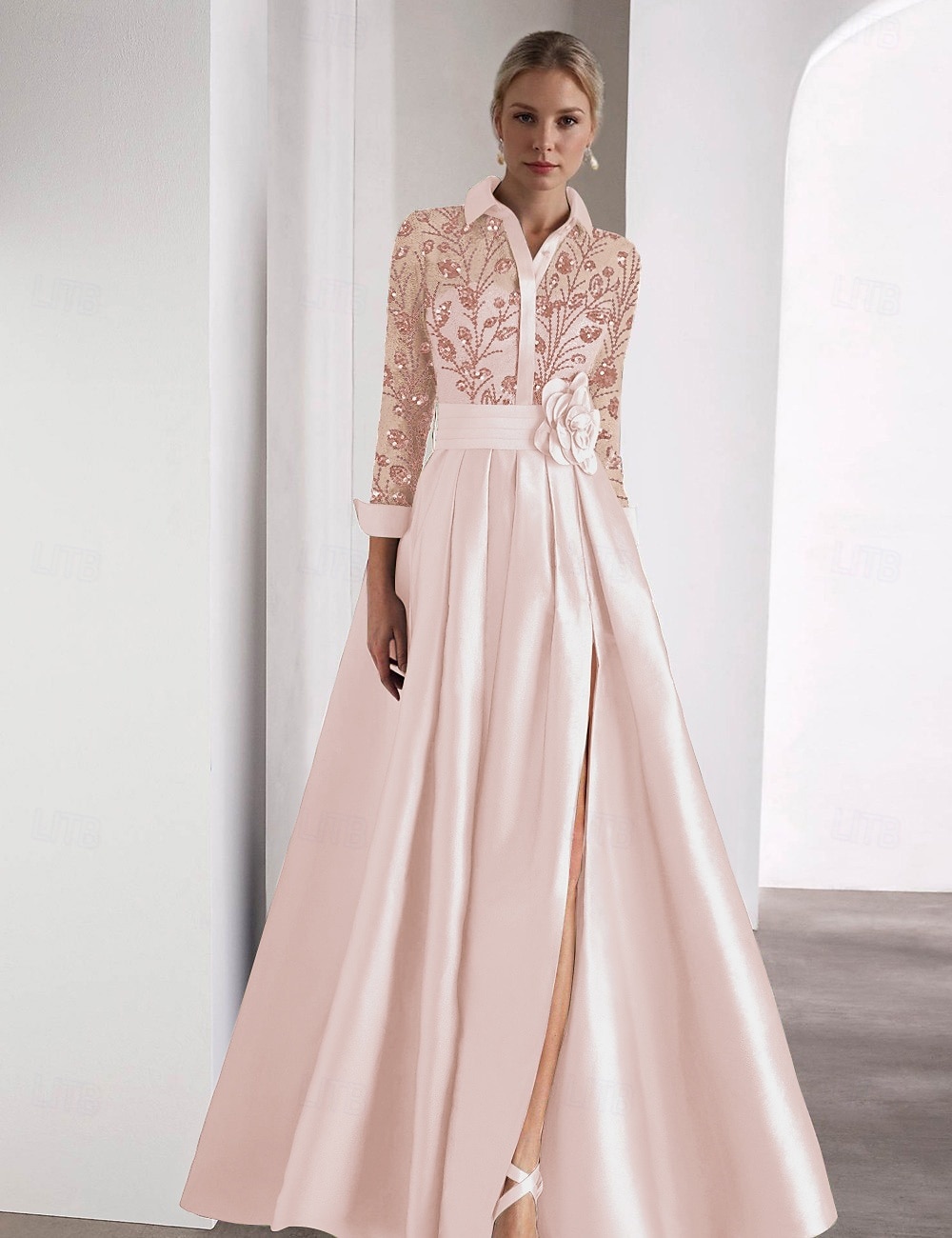 Brodert A-Linje Kveldsdrakt Elegant Kjole Formell Bryllupsgjest Gulvlengde Lang Erme Skjortekrage SATIN med Glitrende Slitt 2025 - $162.99 –P6