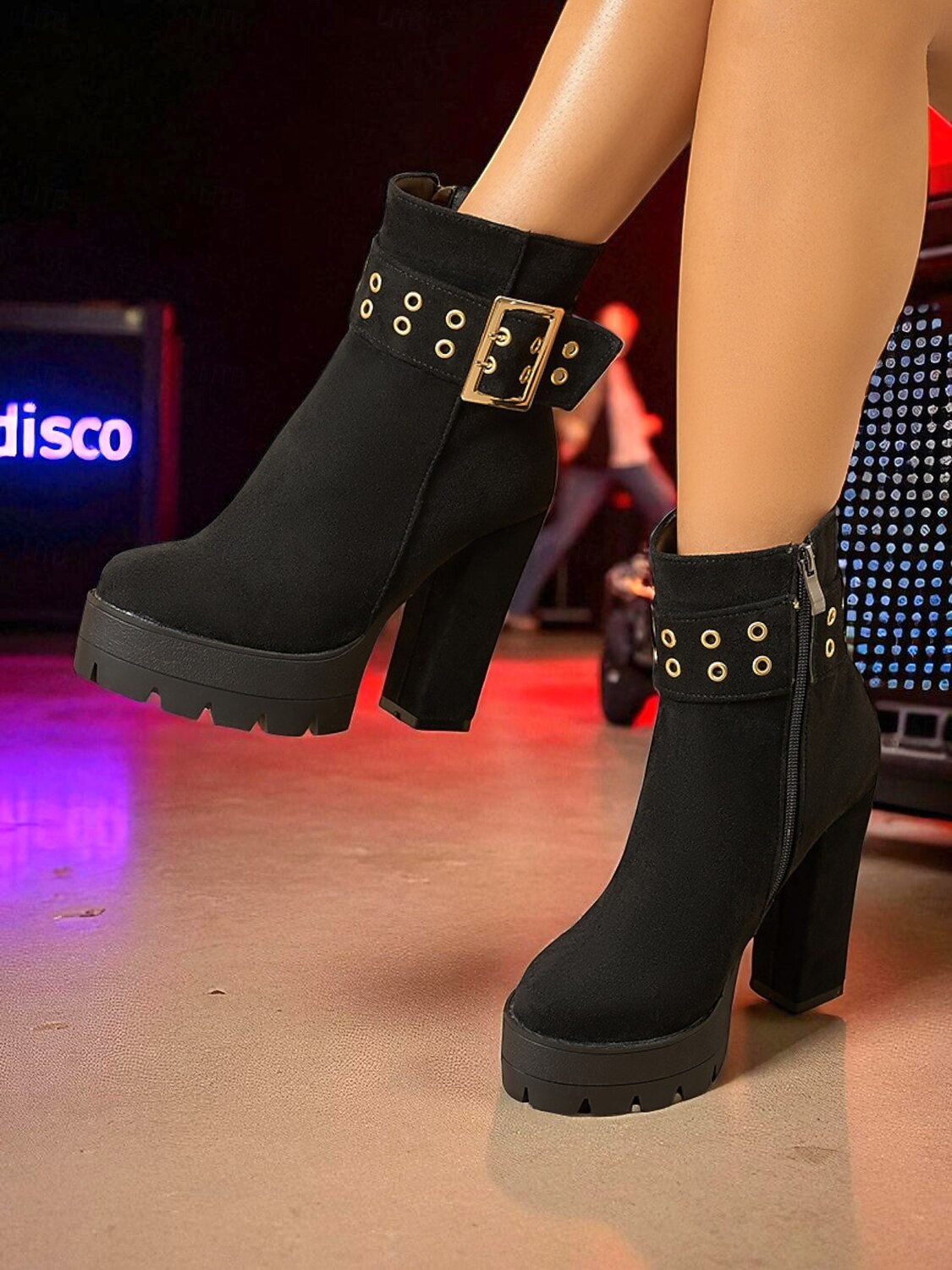 bota feminina plataforma de camurça preta com salto grosso e fivela dourada &fecho de zíper - festa ousada &calçados de concerto para looks de outono e inverno de 2025 por $59.99 –P5