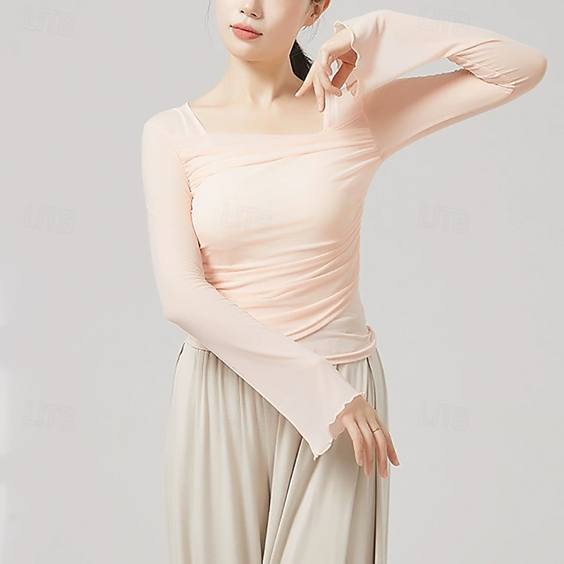 Activewear Top Pure Color Splicing Tulle Women's Performance Training Long Sleeve High Polyester 2025 - $29.99 –P1