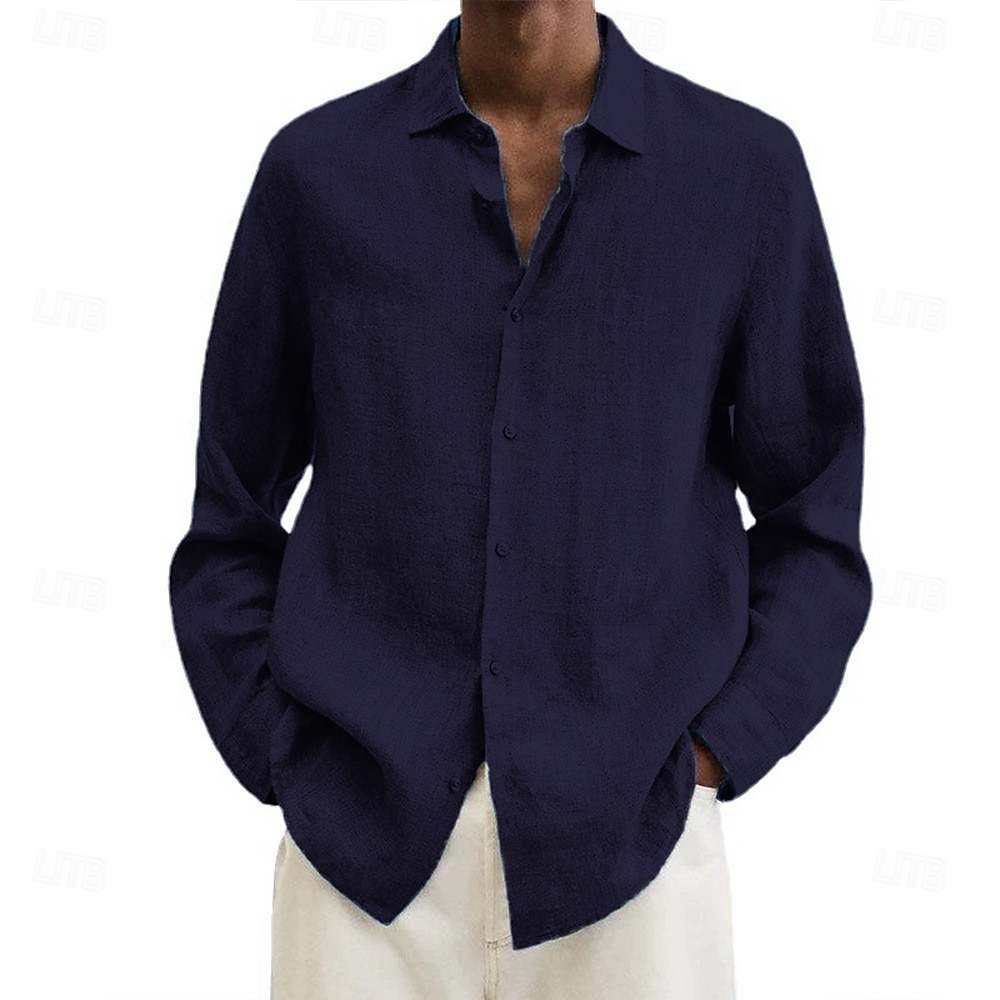 Camicia da uomo in cotone e lino, nera, rosa, blu navy, manica lunga, tinta unita, stile turndown, abbigliamento da vacanza, abbigliamento in poliestere, moda casual del 2025 a $19.49 –P2