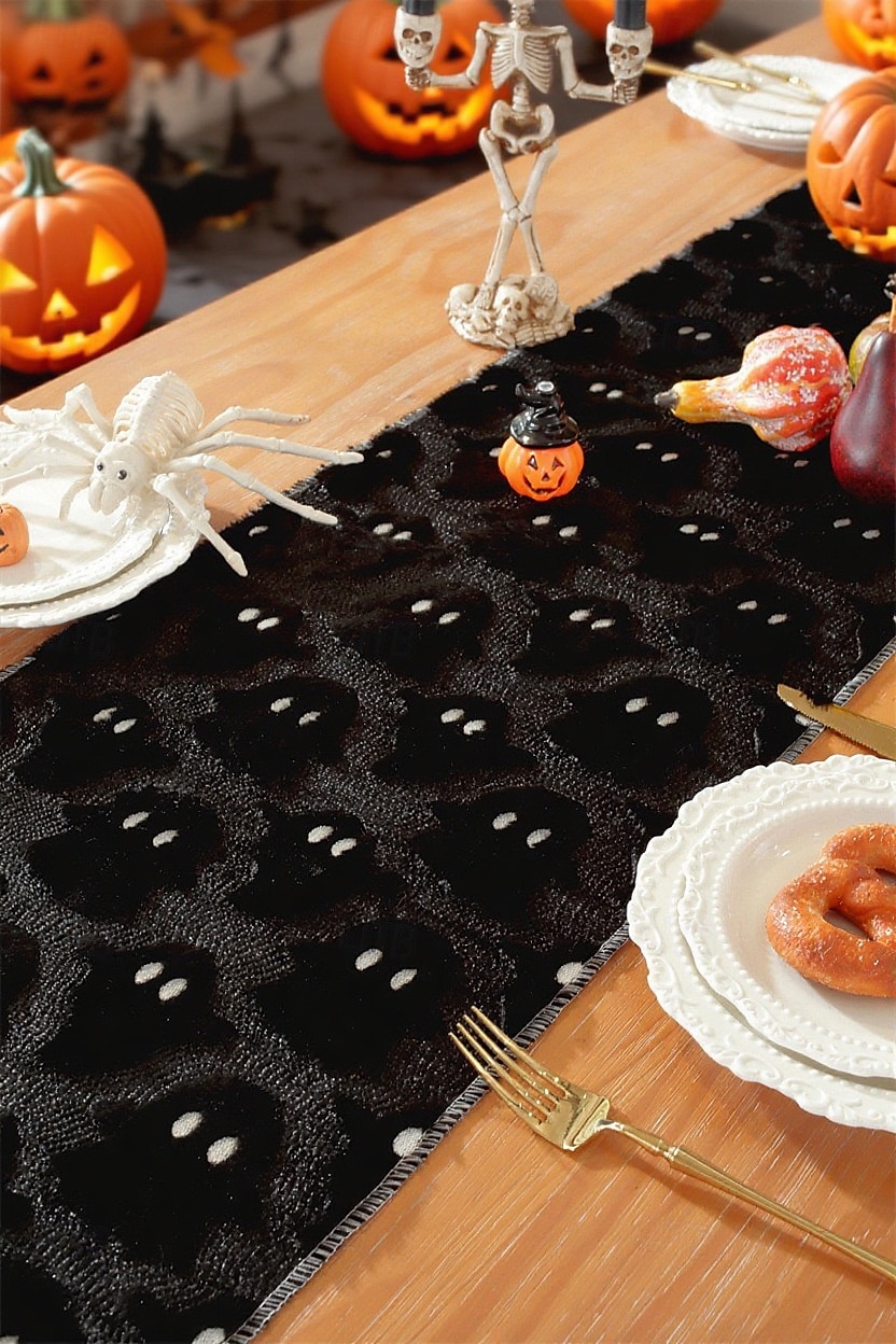 Halloweenský běhoun na stůl, vlaječka na stůl s 3D výšivkou duchů - dekorace z umělé kožešiny s černým okem a malým ďáblem, černobílý sváteční ubrus na dekoraci na párty a stolování 2025 - $9.49 –P3