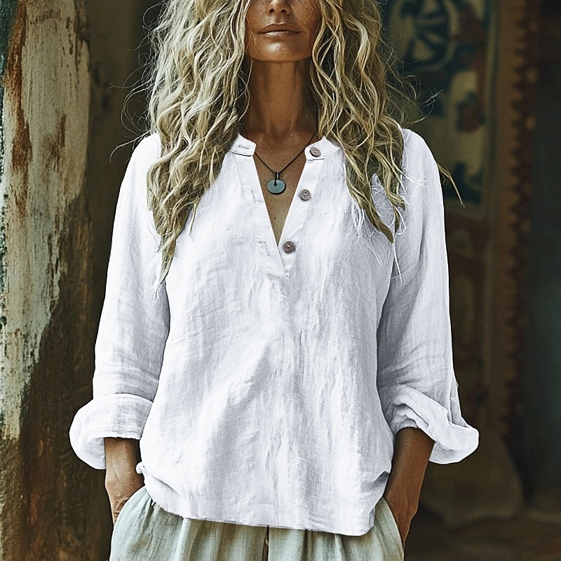 Dam Skjorta Texturblus Linneinspirerade skjortor Blus Knappar Slät Modern Ledigt Långärmad V-hals Vanliga toppar Helgdag Utekväll Vit Ljuslila Kaki Ljusblå Höst 2026 - $26.99 –P4