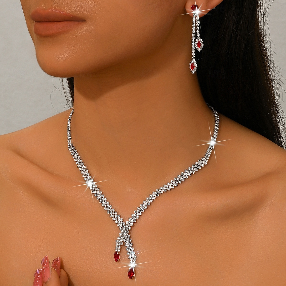 set di collana e orecchini da donna in argento con accenti di pietre preziose rosse - eleganti gioielli da festa del 2025 a $14.99 –P4