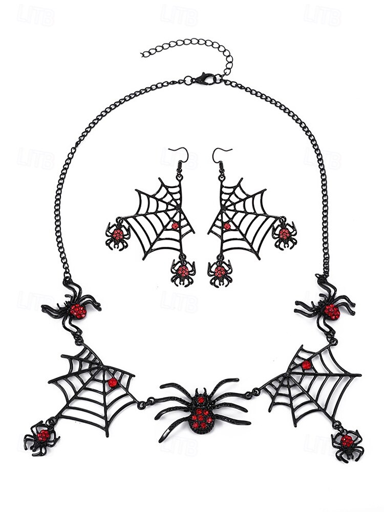 Dámský halloweenský gotický náhrdelník a náušnice s pavučinou, černočervené krystalové šperky s hmyzem na kostýmní večírky a cosplay 2025 - $11.99 –P10